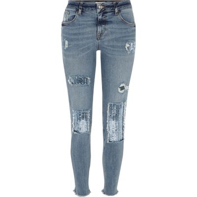 Blue sequin Alannah relaxed skinny jeans